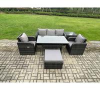 Fimous Wicker PE Rattan Garden Furniture Set Outdoor Rectangular Dining Table and Chair Sofa Set With Side Table Big Footstool Dark Grey Mixed