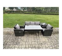 Fimous Wicker PE Rattan Garden Furniture Set Outdoor Rectangular Dining Table and Chair Sofa Set With Side Table Dark Grey Mixed