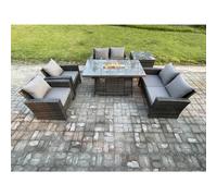Fimous 6-Seater Wicker Rattan Outdoor Fire Pit Dining Set | Gas Heater, Double Sofa, Side Table | Dark Grey