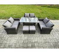 Fimous Wicker PE Rattan Garden Furniture Sets Outdoor Lounge Sofa Set with Oblong Dining Table Double Seat Sofa 2 Small Footstools Dark Grey Mixed