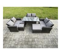 Fimous Wicker PE Rattan Garden Furniture Sets Outdoor Lounge Sofa Set with Oblong Dining Table Double Seat Sofa 3 Footstools Dark Grey Mixed