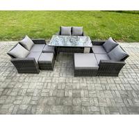 Fimous Wicker PE Rattan Garden Furniture Sets Outdoor Lounge Sofa Set with Oblong Dining Table Double Seat Sofa 3 Footstools Dark Grey Mixed