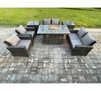 Fimous Wicker PE Rattan Garden Furniture Sets Patio Outdoor Gas Fire Pit Dining Table Heater Set with Double Seat Sofa 2 Side Tables Dark Grey Mixed