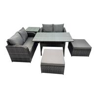 Fimous Wicker PE Rattan Garden Outdoor Furniture Set Love Sofa Dining Table Sets with Side Table 2 Big Stools Dark Grey Mixed