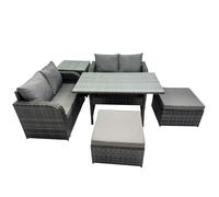Fimous Wicker PE Rattan Garden Outdoor Furniture Set Love Sofa Dining Table Sets with Side Table 2 Big Stools Dark Grey Mixed
