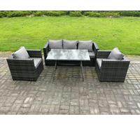 Fimous Wicker PE Rattan Outdoor Furniture Garden Dining Set with Lounge Sofa Oblong Dining Table 2 Armchairs Dark Grey Mixed