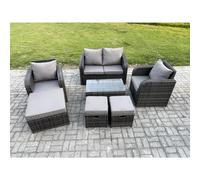 Fimous Wicker PE Rattan Outdoor Furniture Set Garden Love Sofa Coffee Table 2 Armchair 3 Footstools Dark Grey Mixed