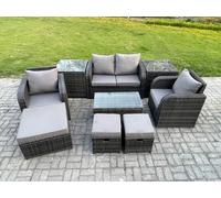 Fimous Wicker PE Rattan Outdoor Furniture Set Garden Love Sofa Coffee Table 2 Armchair 3 Footstools 2 Side Tables Dark Grey Mixed