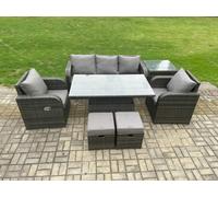 Fimous Wicker PE Rattan Outdoor Garden Furniture Set Height Adjustable Rising lifting Dining Table With Armchair Side Table 2 Small Footstools