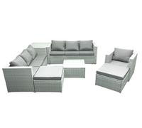 Fimous Wicker PE Rattan Sofa Garden Furniture Set with Armchair Square Coffee Table 2 Big Footstools Side Table Light Grey Mixed