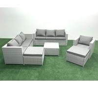 FIMOUS PE Rattan Garden Sofa Set – Armchair & Square Coffee Table & 2 Footstools – Light Grey