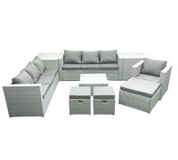Fimous Wicker PE Rattan Sofa Garden Furniture Set with Armchair Square Coffee Table 3 Footstools 2 Side Tables Light Grey Mixed Fimous Light Grey