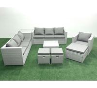 FIMOUS Garden Sofa Set - PE Rattan Wicker, Armchair, Square Coffee & 3 Footstools, Light Grey Mixed