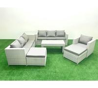 Fimous Wicker PE Rattan Sofa Garden Furniture Set with Oblong Coffee Table Armchair 2 Big Footstools Side Table Light Grey Mixed