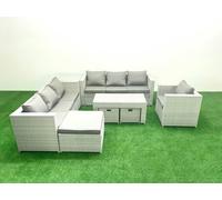 Fimous Wicker PE Rattan Sofa Garden Furniture Set with Oblong Coffee Table Armchair 3 Footstools Side Table Light Grey Mixed
