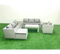 Fimous Wicker PE Rattan Sofa Garden Furniture Set with Oblong Coffee Table Armchair Big Footstool Side Table Light Grey Mixed
