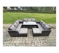Fimous Wicker PE Rattan Sofa Outdoor Garden Furniture Set with Rectangular Dining Table 2 Big Footstool Side Table Dark Grey Mixed
