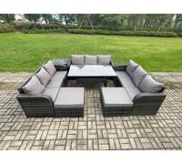 Fimous Wicker PE Rattan Sofa Outdoor Garden Furniture Set with Rectangular Dining Table 2 Big Footstool Side Table Dark Grey Mixed Fimous Dark Grey