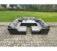 Fimous Wicker PE Rattan Sofa Outdoor Garden Furniture Set with Rectangular Dining Table 2 Big Footstool 2 Side Tables Dark Grey Mixed