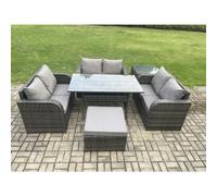 Fimous Wicker PE Rattan Sofa Outdoor Garden Furniture Set with Rectangular Dining Table Big Footstool Side Table Dark Grey Mixed