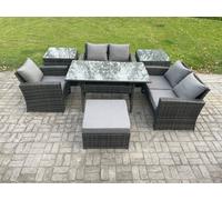 Fimous Wicker Rattan Garden Dining Set Outdoor Furniture Sofa with Dining Table Double Seat Sofa 2 Side Tables Big Footstool Dark Grey Mixed Fimous Dark Grey