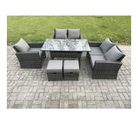 Fimous Wicker Rattan Garden Dining Set Outdoor Furniture Sofa with Dining Table Double Seat Sofa 2 Small Footstools Dark Grey Mixed