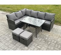 Fimous Wicker Rattan Garden Furniture Corner Sofa Set with Oblong Dining Table 2 Small Footstools 8 Seater in Dark Grey Fimous Dark Grey
