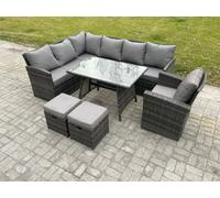 Fimous Outdoor Garden Furniture High Back Rattan Sofa Dining Table Set Dark Grey Mixed