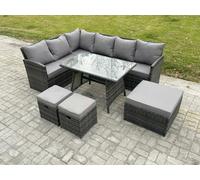 Fimous Wicker Rattan Garden Furniture Corner Sofa Set with Oblong Dining Table 3 Footstools 9 Seater Outdoor Rattan Set Dark Grey Mixed