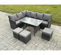 Fimous Outdoor Garden Furniture High Back Rattan Sofa Dining Table Set with Big Footstool Side Table Dark Grey Mixed