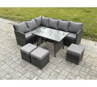 Fimous Wicker Rattan Garden Furniture Corner Sofa Set With Oblong Dining Table 3 Small Footstools 9 Seater