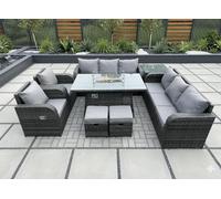 Fimous Wicker Rattan Garden Furniture Set Gas Fire Pit Dining Table Indoor Outdoor with Side Table Chair Loveseat Sofa 2 Footstools in Dark Grey Fimous Dark Grey