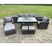 Wicker Rattan Garden Furniture Sofa set Gas Fire Pit Dining Table Indoor Outdoor with 2 Side Table Chair 3 Footstools Fimous Dark Grey One Size
