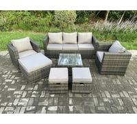 FIMOUS Wicker Rattan Garden Sofa Set with Armchair Square Coffee Table & 3 Footstools Dark Grey