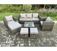 Fimous Wicker Rattan Garden Furniture Sofa Set With Armchair Square Coffee Table 3 Footstools Dark Grey Mixed