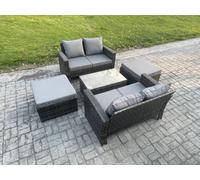 Fimous 6-Seater Dark Grey Wicker Rattan Outdoor Sofa Set | Rectangular Coffee Table, Double Sofa, 2 Large Footstools