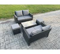 Fimous Wicker Rattan Garden Furniture Sofa Set With Coffee Table Double Seat Sofa 2 Small Footstool 6 Seater Outdoor Rattan Set