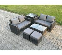 Fimous Wicker Rattan Garden Furniture Sofa Set with Rectangular Coffee Table Double Seat Sofa 2 Small Footstool Side Table 6 Seater Outdoor Rattan