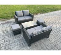 Fimous 6-Seater Dark Grey Wicker Rattan Outdoor Sofa Set | Rectangular Coffee Table, Double Sofa, 2 Footstools