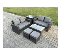 Fimous Wicker Rattan Garden Furniture Sofa Set with Rectangular Coffee Table Double Seat Sofa 2 Small Footstool Side Table 6 Seater Outdoor Rattan
