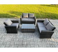 Fimous Wicker Rattan Garden Furniture Sofa Set with Rectangular Coffee Table Double Seat Sofa Chair 5 Seater Outdoor Rattan Set Dark Grey Mixed