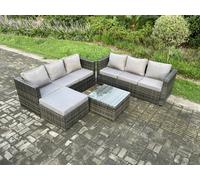 Fimous Wicker Rattan Garden Furniture Sofa Set with Square Coffee Table Big Footstool 7 Seater Outdoor Rattan Set Dark Grey Mixed