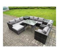 Fimous Wicker Rattan Outdoor Furniture Lounge Sofa Garden Dining Set with Dining Table 2 Side Tables Big Footstool Armchairs 9 Seater