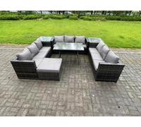 Fimous 10 Seater Wicker PE Rattan Outdoor Furniture Lounge Sofa Garden Dining Set with Dining Table 2 Side Tables Big Footstool Dark Grey Mixed