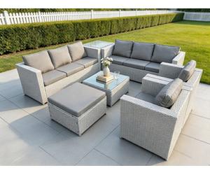 Fimous9 Seater Light Grey Rattan Sofa Set Chairs 2 Coffee Tea Table Footstool Outdoor Garden Furniture