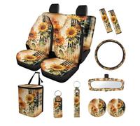 Finagallathe 13 Pack Full Set Car Seat Covers Sunflower Print Car Front and Rear Seat Covers with Steering Wheel Cover Safety Belt Pads Inside Rearview Mirror Cover Cup Coasters, Brown