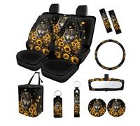 Finagallathe 13 Pack Full Set Car Seat Covers Wolf Sunflower Print Car Front and Rear Seat Covers with Steering Wheel Cover Safety Belt Pads Inside Rearview Mirror Cover Cup Coasters