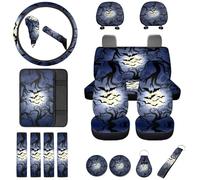Finagallathe 18Pcs Gothic Bat Auto Seat Cover Full Set Car Steering Wheel Protector+Armrest Cover+Handbrake Protector+Seat Belt Cushion+ Headrest Protector+Car Coaster+Keychain Universal for Most Car