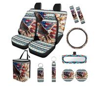 Finagallathe Aztec Eagle Print Car Seat and Steering Wheel Cover Set American Flag Print Car Front Rear Seat Covers Safety Belt Pads Rearview Mirror Cover Trash Bag Cup Coasters Key Chain