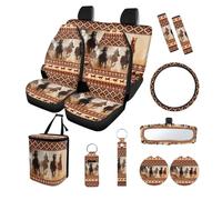 Finagallathe Aztec Horse Print Bucket Seat Covers for Car Front Back Seats with Steering Wheel Cover Safety Belt Pads Inside Rearview Mirror Cover Trash Can Cup Cushions and Key Chain